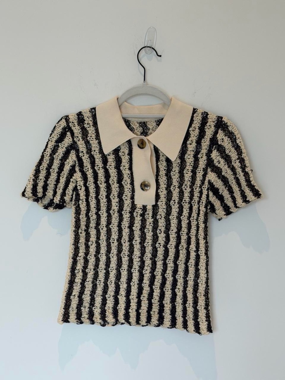 Zara Striped Knit Polo Top in Cream and Black